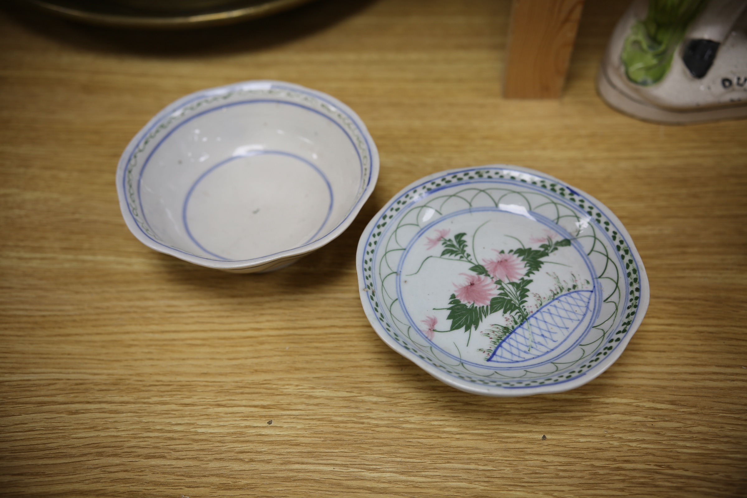 Five Chinese items including a pair of cloisonné enamel duck boxes and covers, a hardstone floral display and two dishes, largest 30cm. Condition - fair